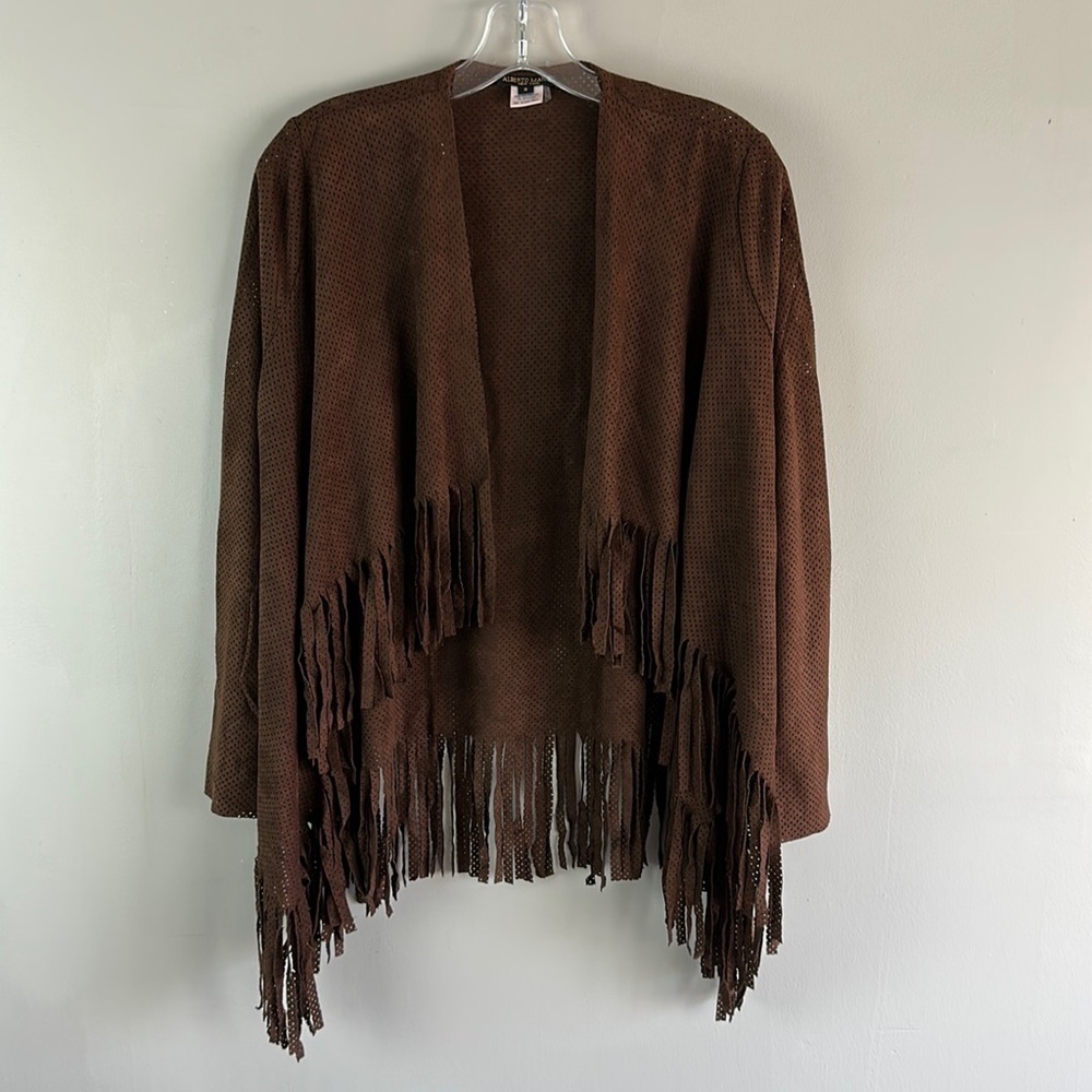 Alberto Makali Brown Laser Cut Waterfall Open Front Fringe Cardigan Size Small